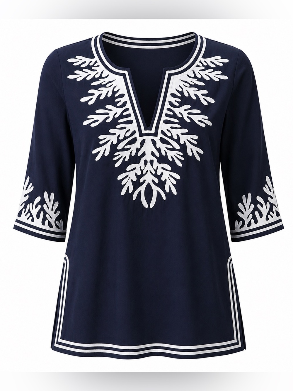 Gretchen Scott Navy Embroidered Tunic Top Coastal Chic Small